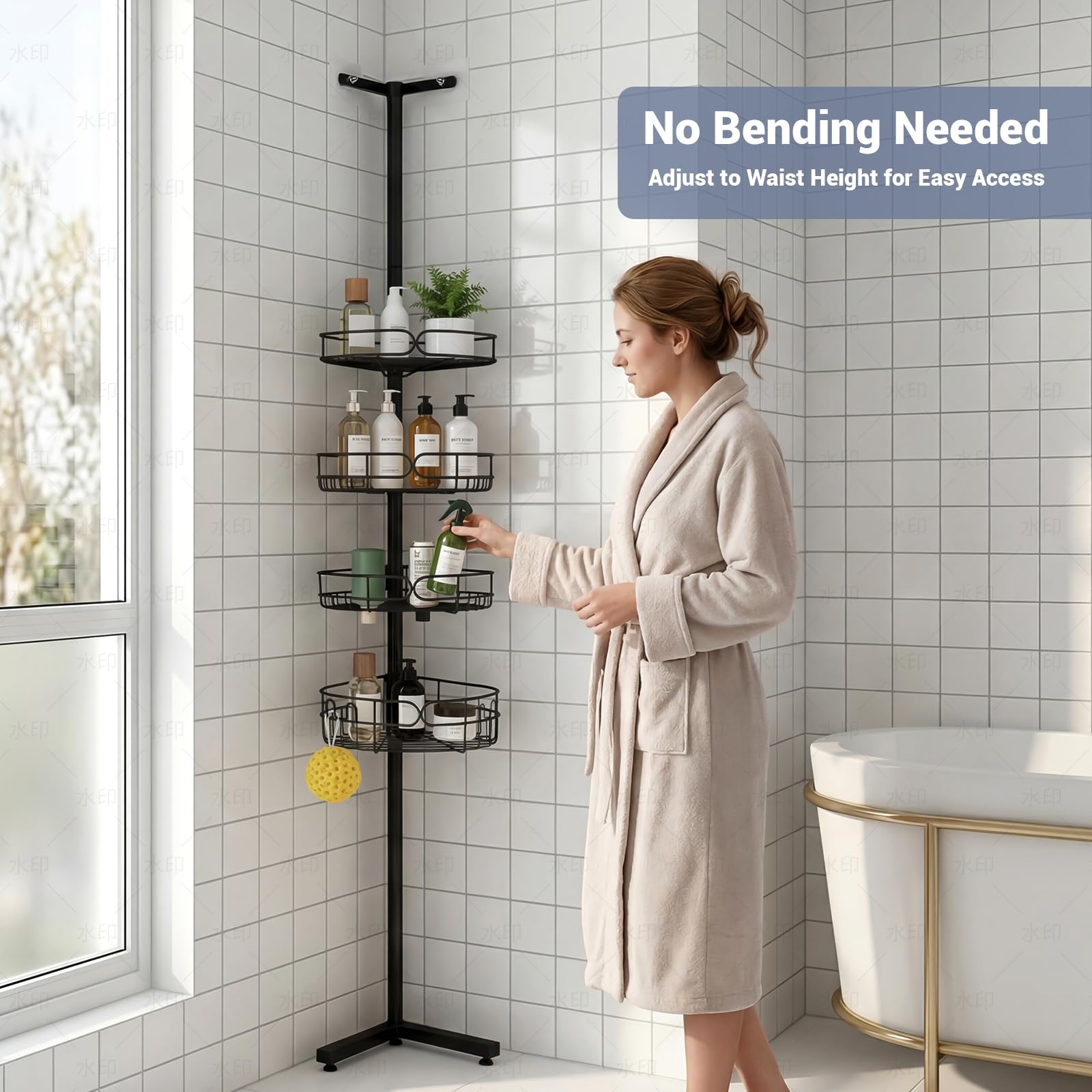 Marovitax caddy mounted at tub edge illustrating space-saving height option