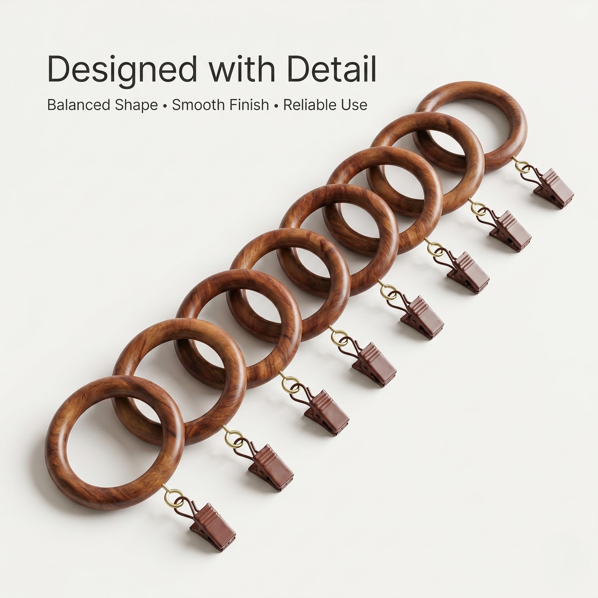 Mars Exports tool-free installation for quick curtain hanging with rosewood rings.