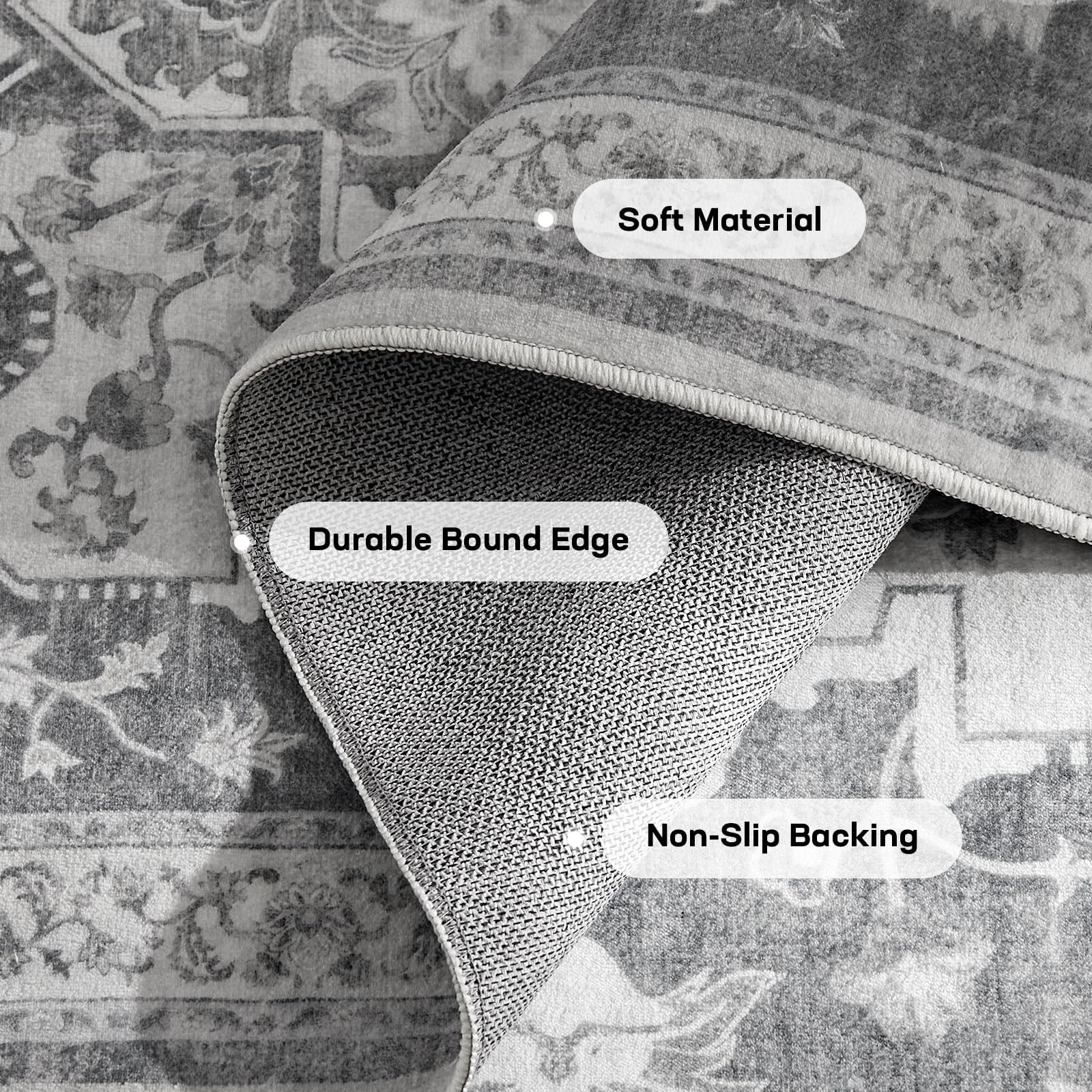 Marsail 8x10 rug shows slip-resistant back to help keep spaces safe.