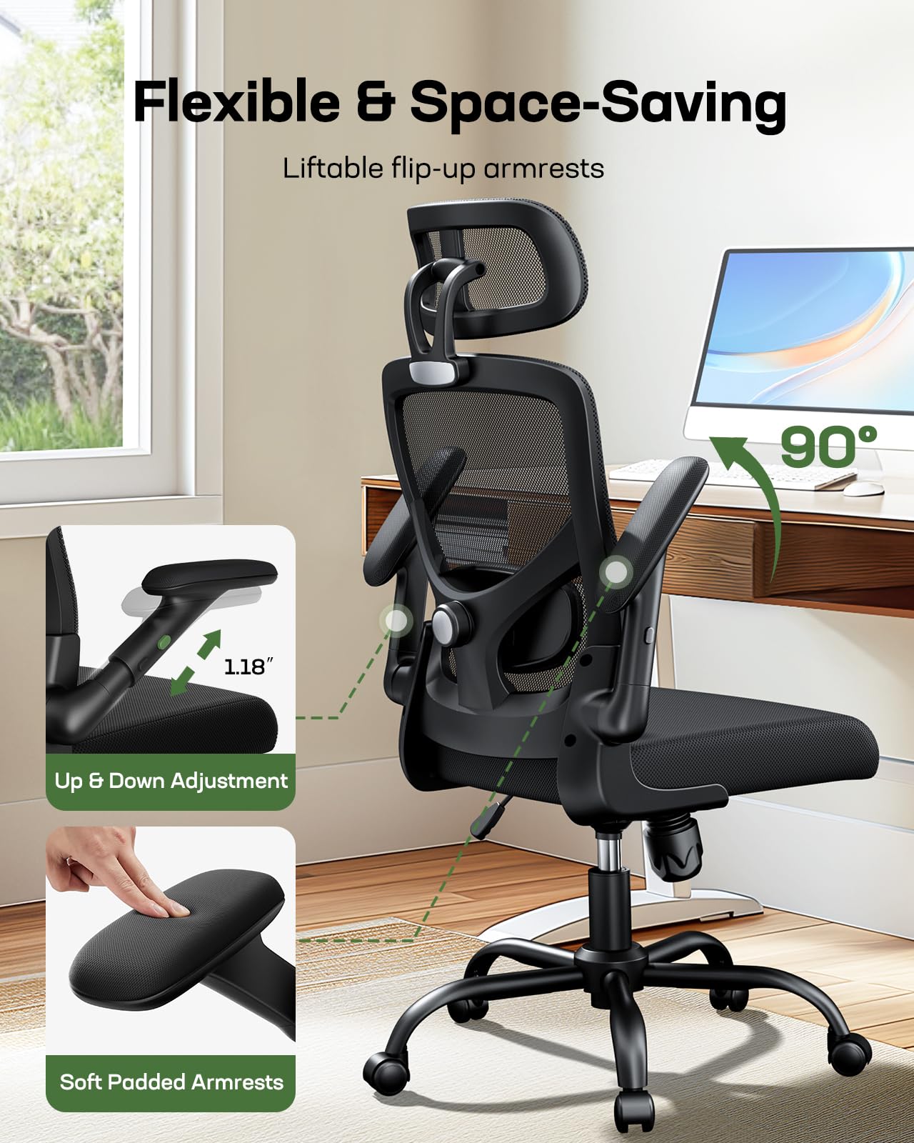 Marsail armrests fold up for space-saving under-desk storage.