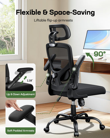 Marsail armrests fold up for space-saving under-desk storage.