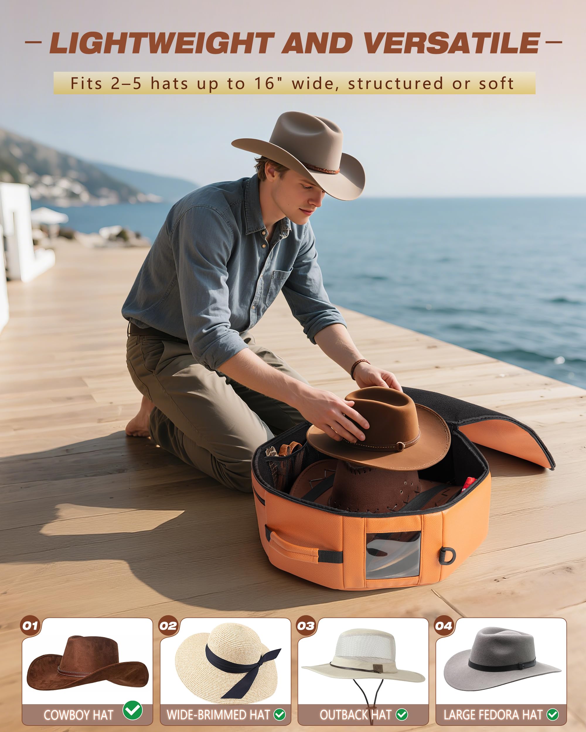 Marscamd hat box side view with exterior zip pocket for quick organization on the go.