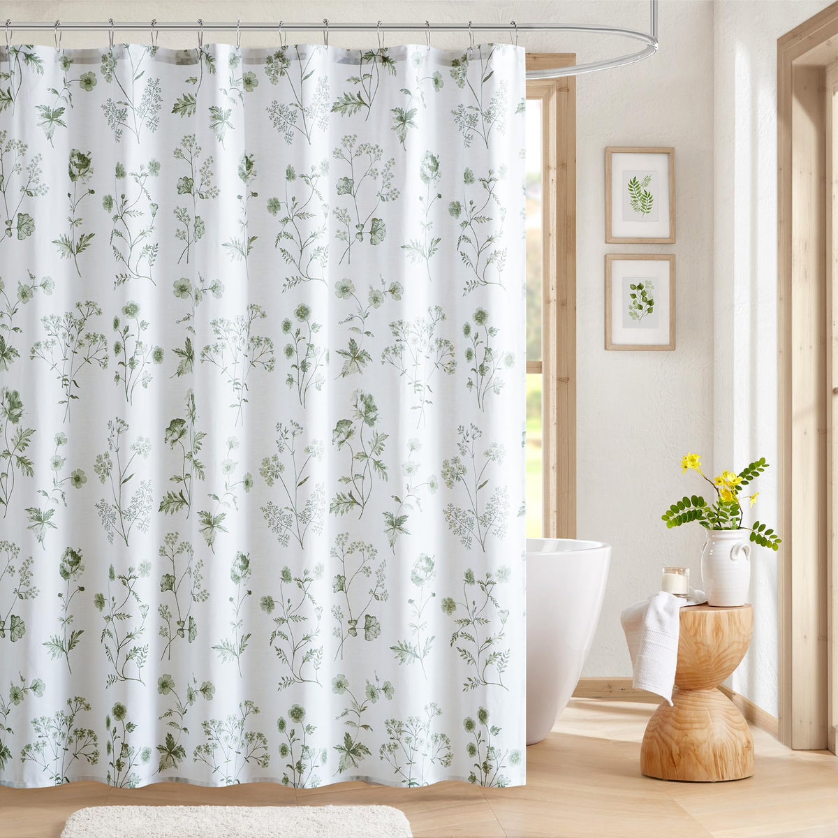 Martha Stewart Garden shower curtain with botanical floral print on white for bright bathroom decor.