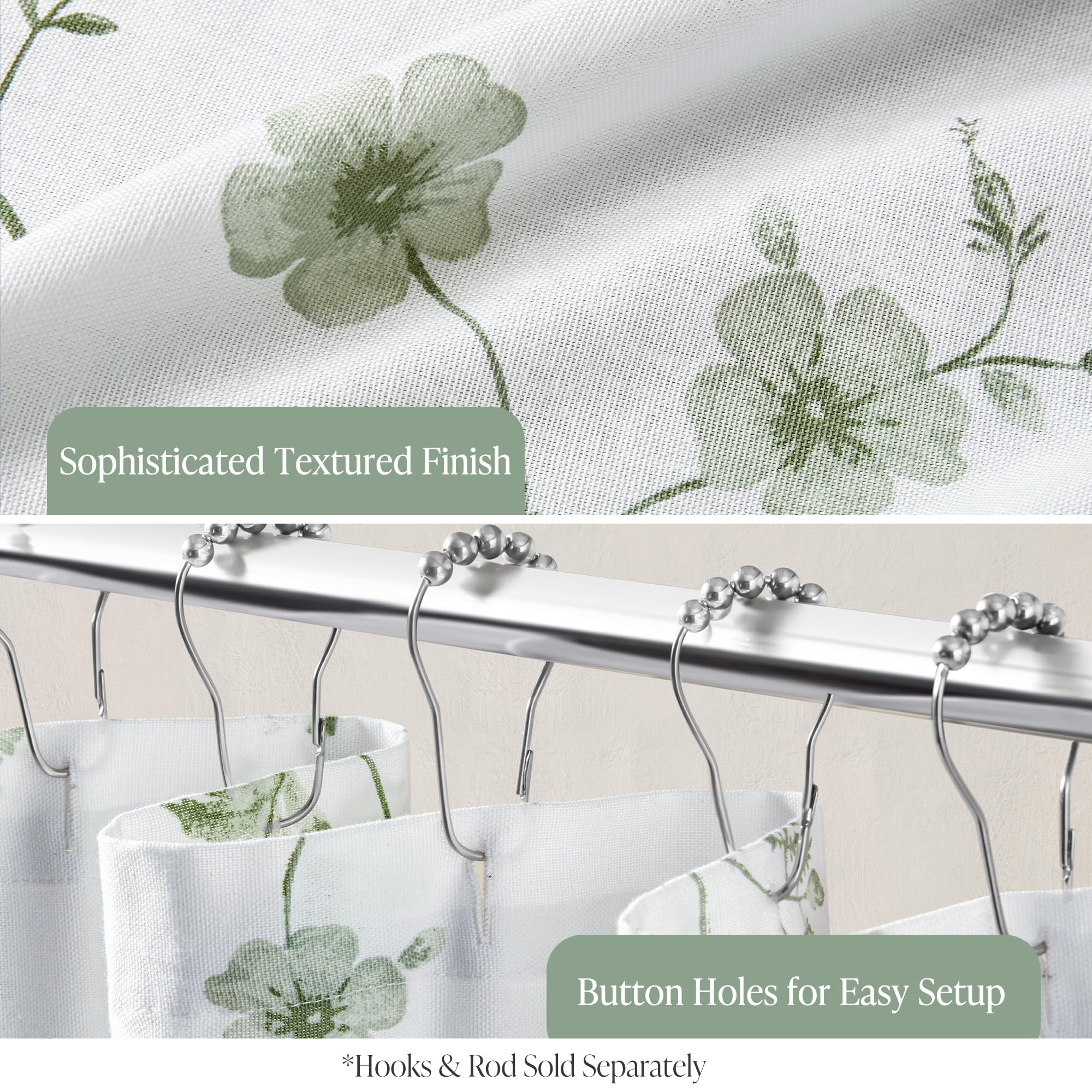 Buttonholes visible on Martha Stewart Garden curtain for easy hook setup (hooks not included).