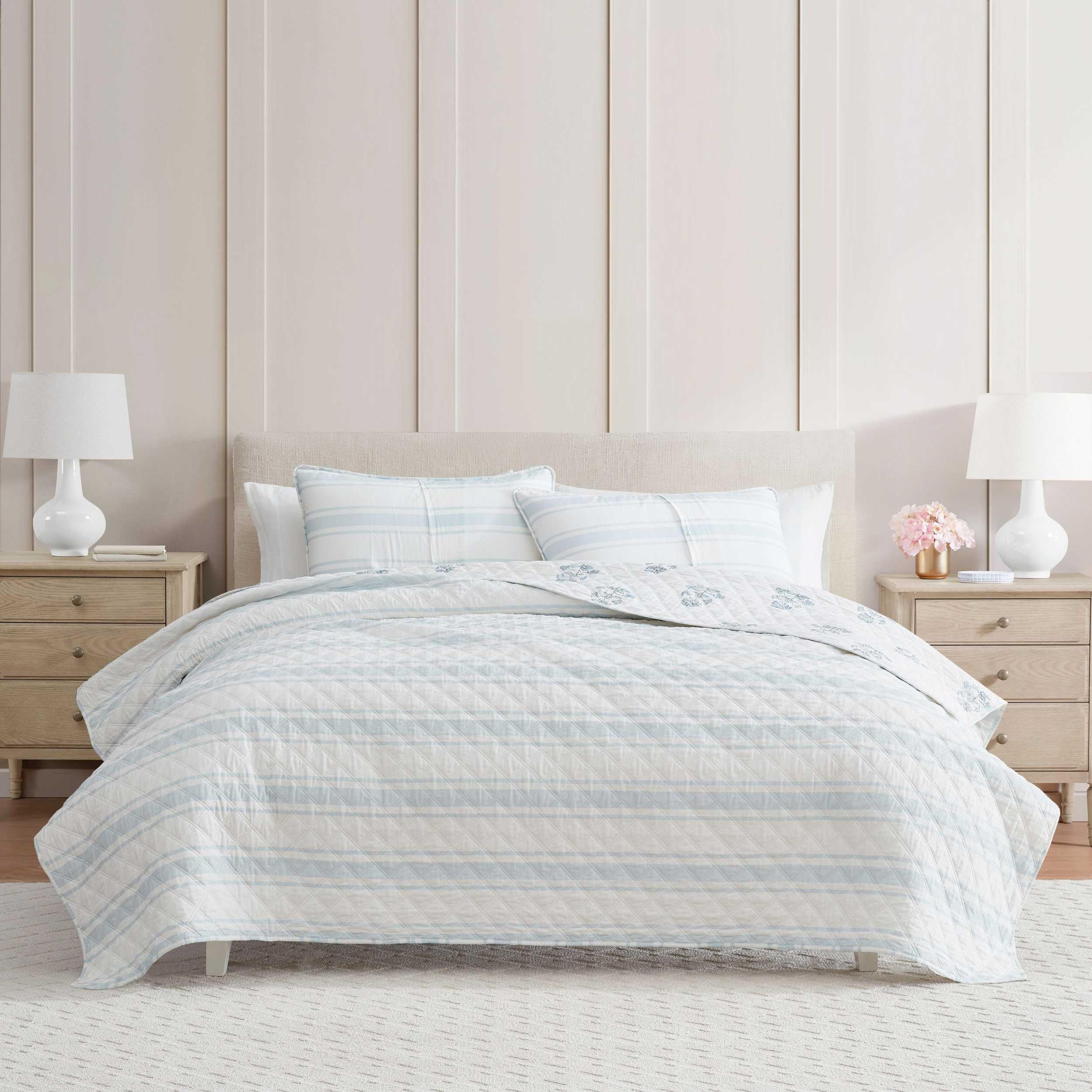 Martha Stewart king quilt on bed with coordinated look from bedside view