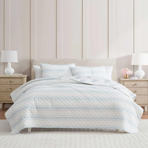 Martha Stewart king quilt on bed with coordinated look from bedside view