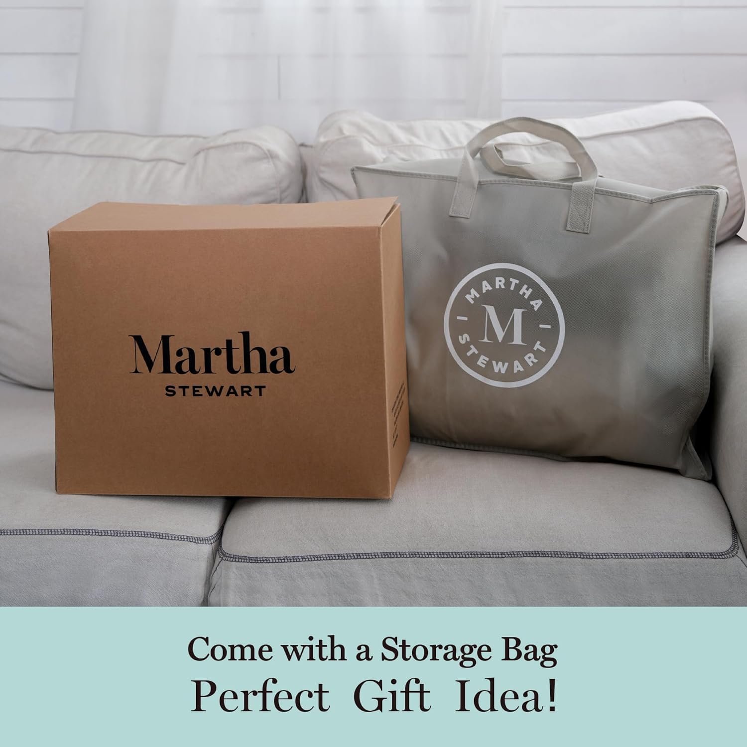 Martha Stewart king-size bed loops and storage bag simplify setup and care.