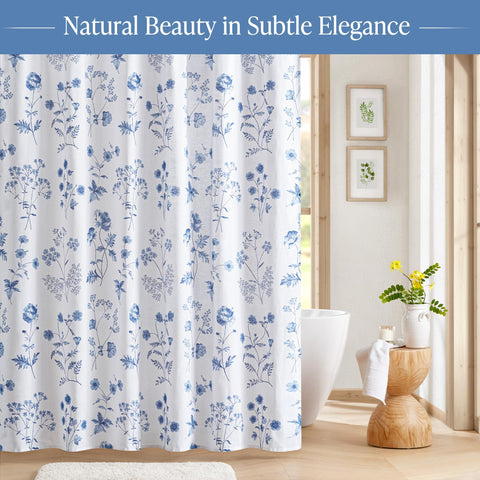 Martha's Garden blue cotton curtain adds a bright spa-like mood to any shower