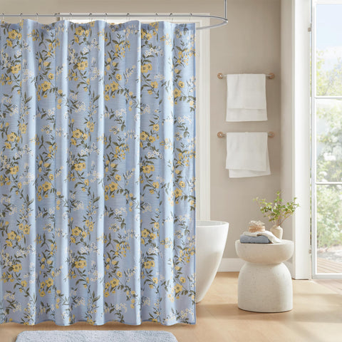 Martha Stewart Meadow Floral Shower Curtain blue full view brightens bathroom decor