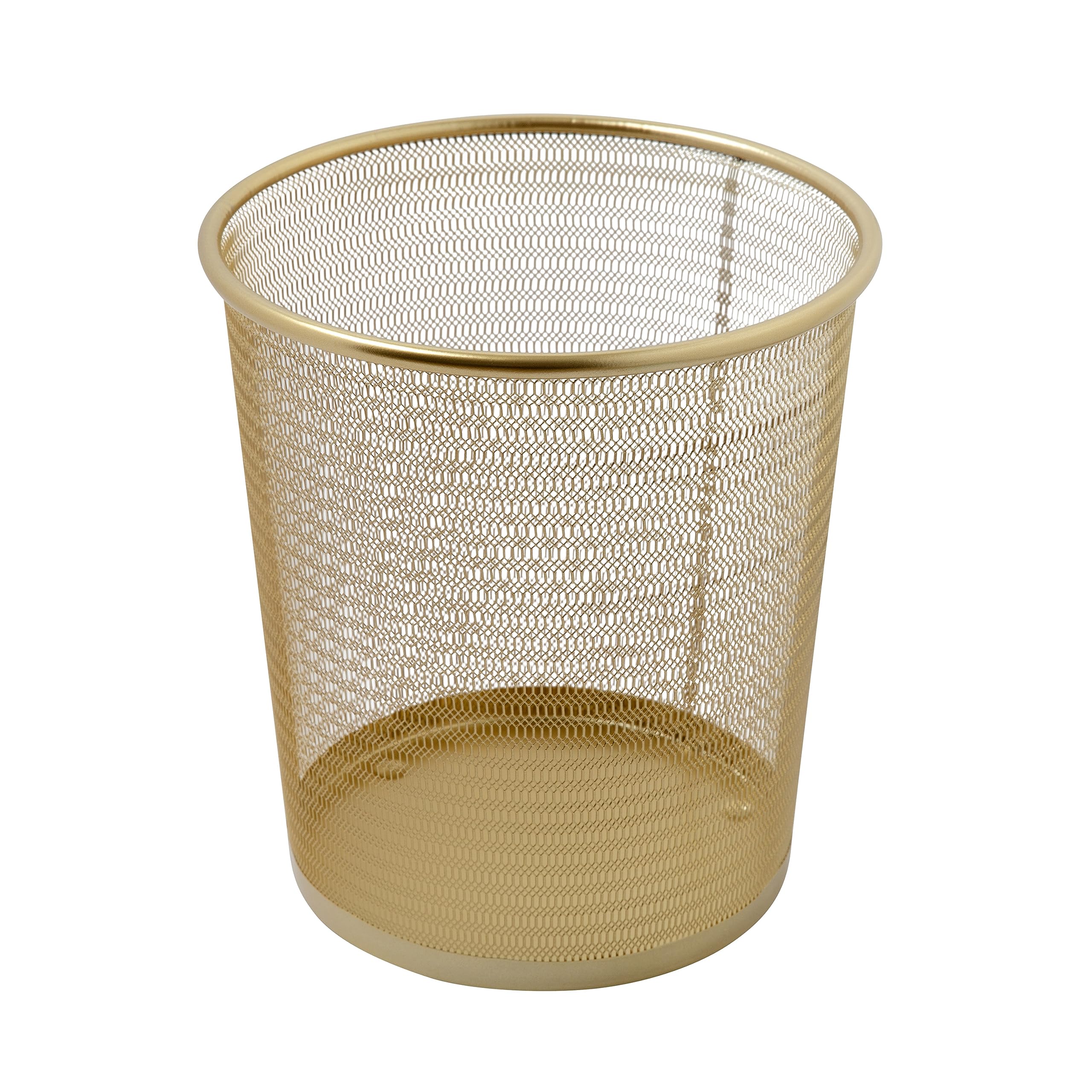 Martha Stewart Ryder gold mesh waste can, front view, keeps desk tidy and organized.