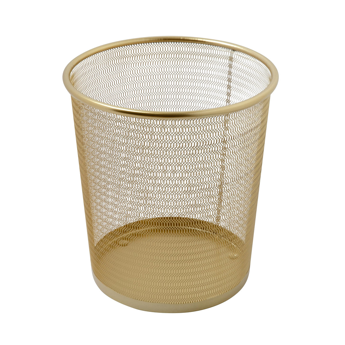 Martha Stewart Ryder gold mesh waste can, front view, keeps desk tidy and organized.