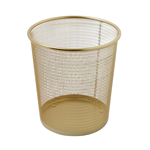 Martha Stewart Ryder gold mesh waste can, front view, keeps desk tidy and organized.