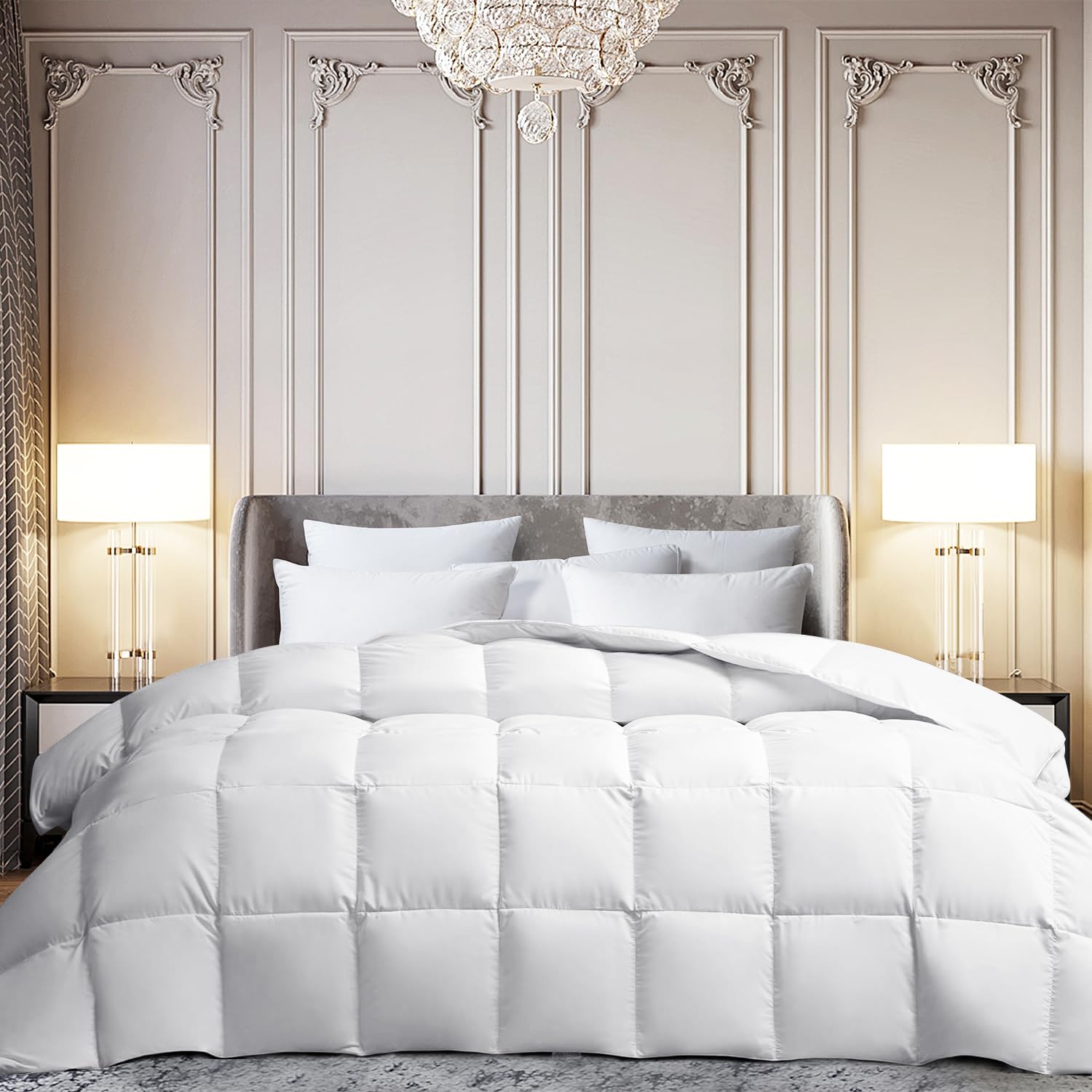 Martha Stewart white goose comforter cover close-up showing soft, durable fabric for restful sleep.