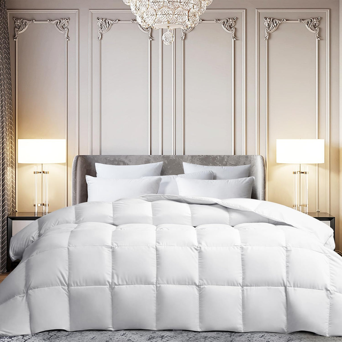 Martha Stewart white goose comforter cover close-up showing soft, durable fabric for restful sleep.