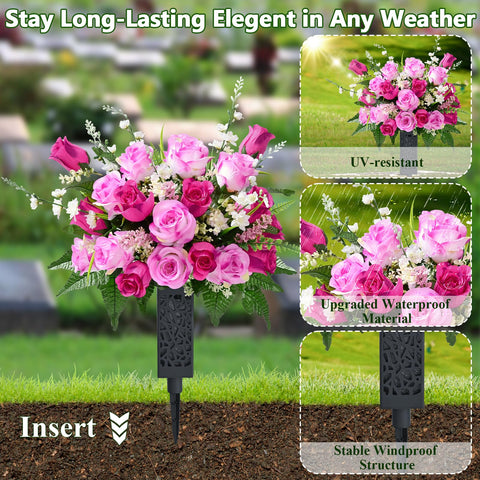 MARTINE MALL artificial cemetery flowers ready for immediate display beside a headstone.
