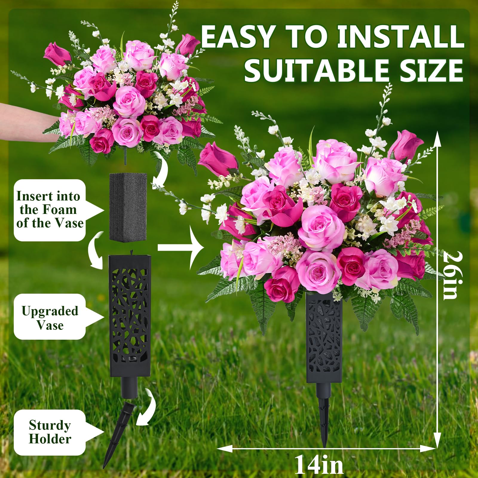 MARTINE MALL cemetery flowers mixed color with vase setup provides wind-stable grave decor.
