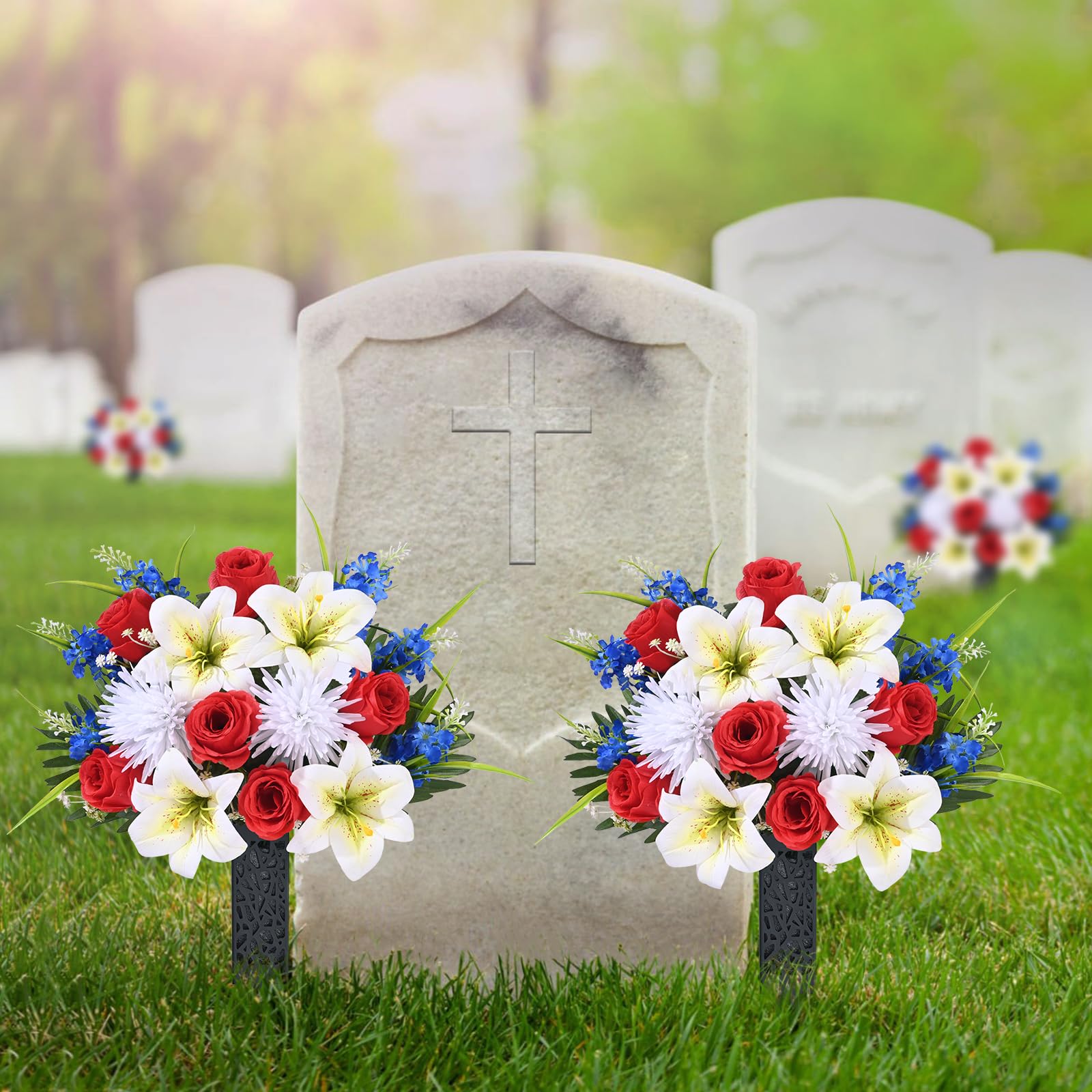 MARTINE MALL cemetery flowers around headstone with stable display.