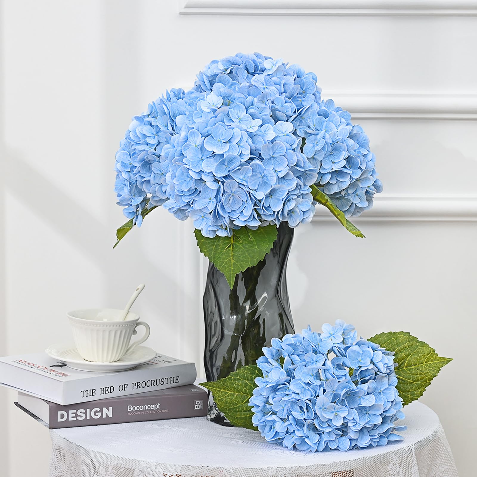 MARTINE MALL blue hydrangea decor enhances tables and shelves at home