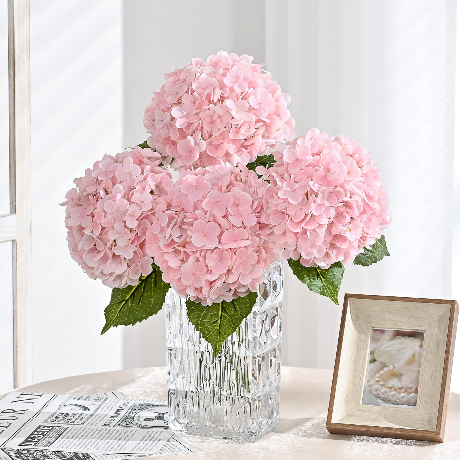 Martine Mall hydrangea petals closeup in light pink with realistic texture.