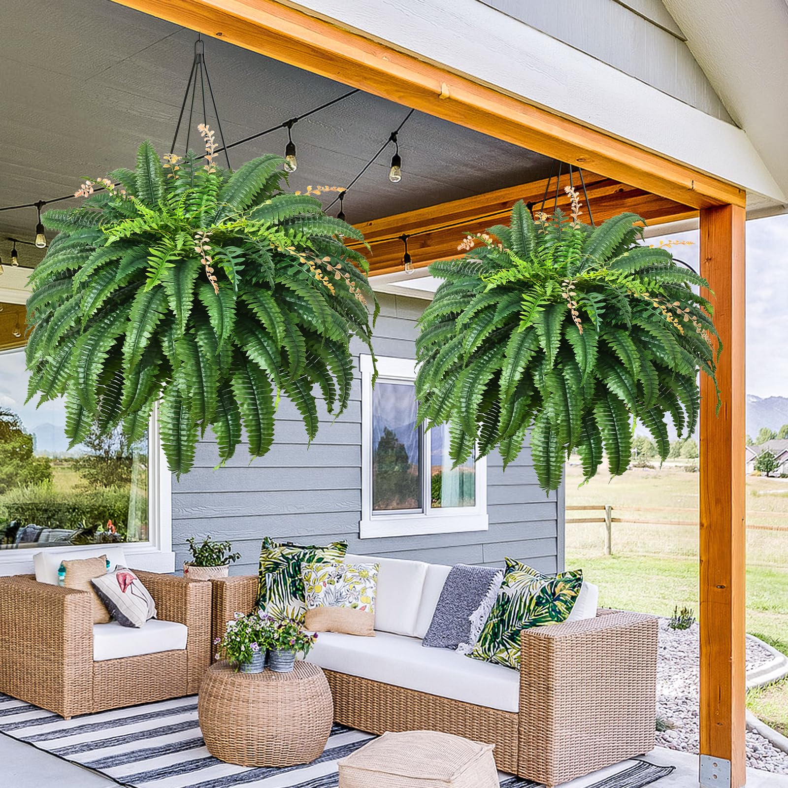 MARTINE MALL outdoor porch fern adds vibrant greenery to space.