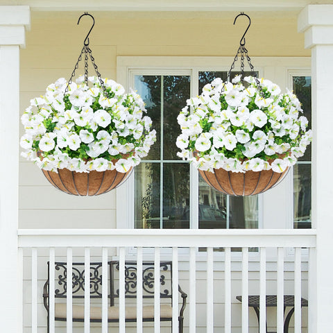Martine Mall porch planter hanging flowers create welcoming exterior spaces