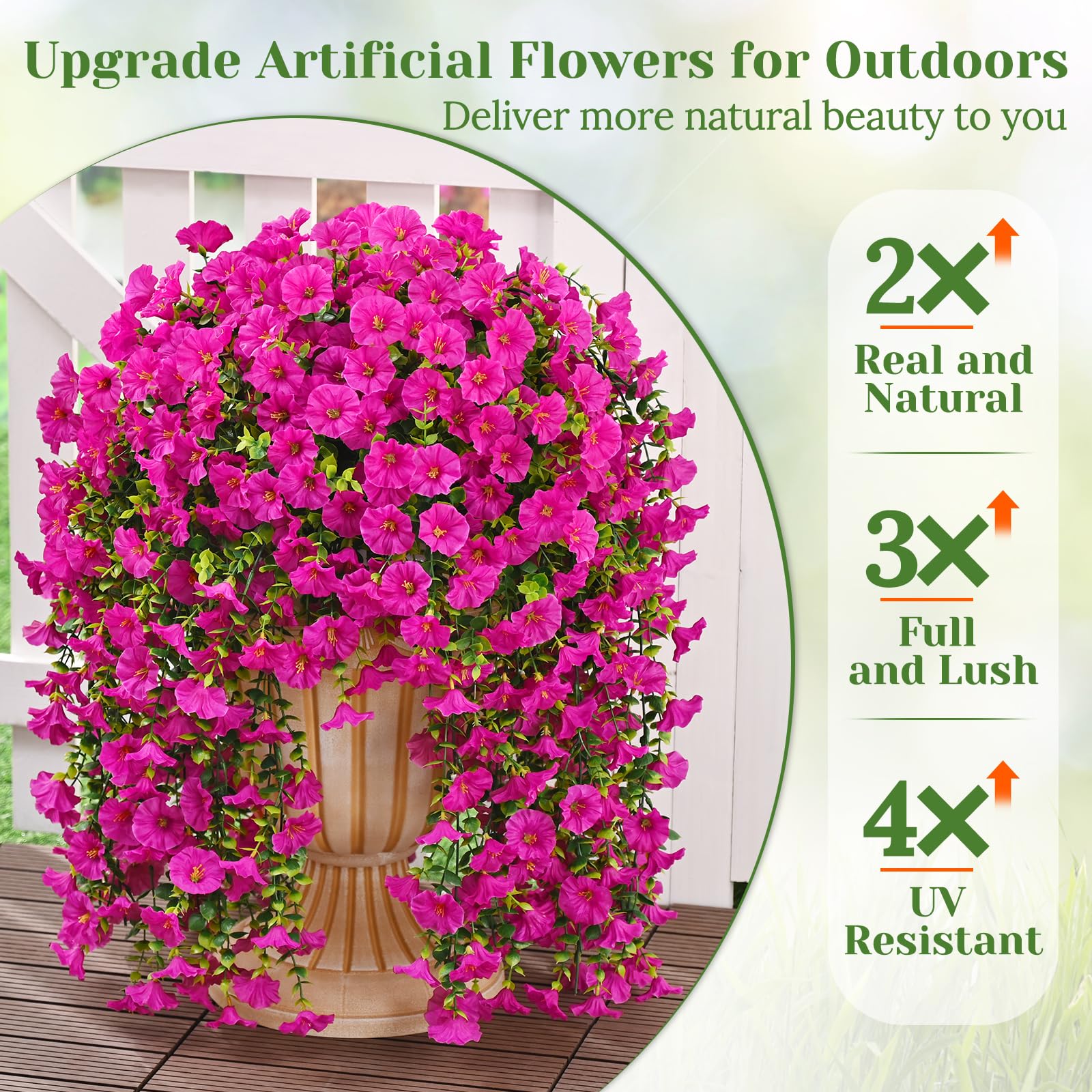 MARTINE MALL realistic morning glory and eucalyptus details enhance natural-looking garden accents.
