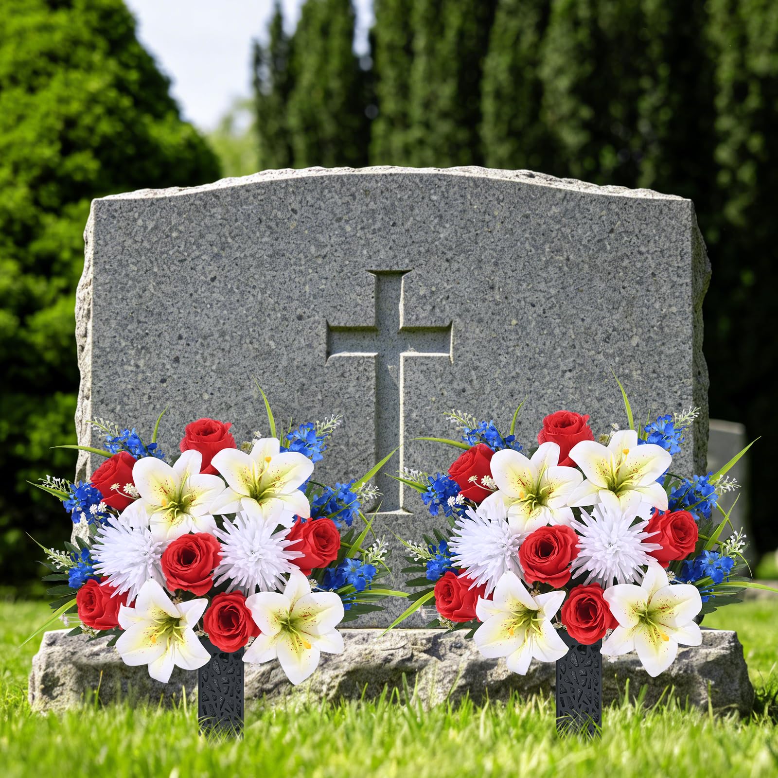 MARTINE MALL red white blue rose lily bouquet for grave.