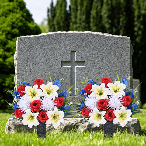 MARTINE MALL red white blue rose lily bouquet for grave.