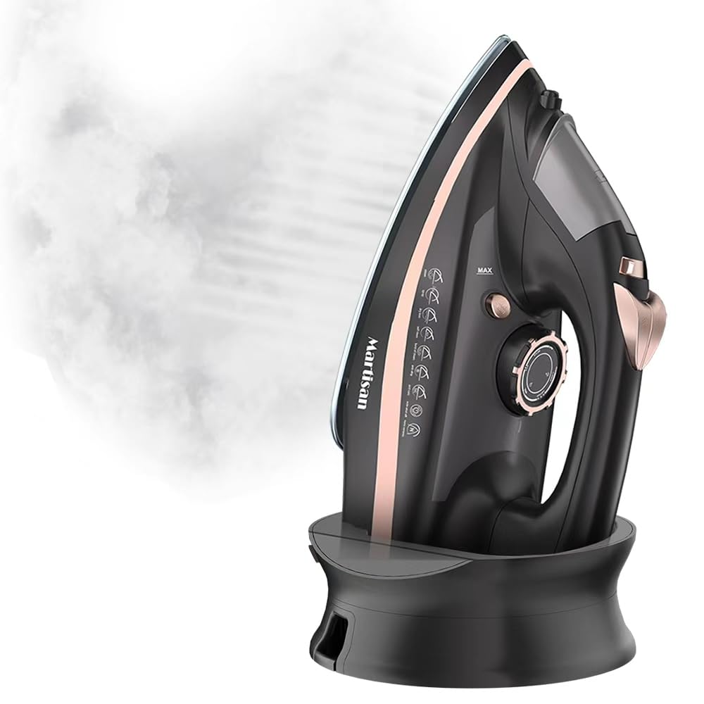 Martisan cordless iron with ceramic soleplate for smooth glide across fabrics.