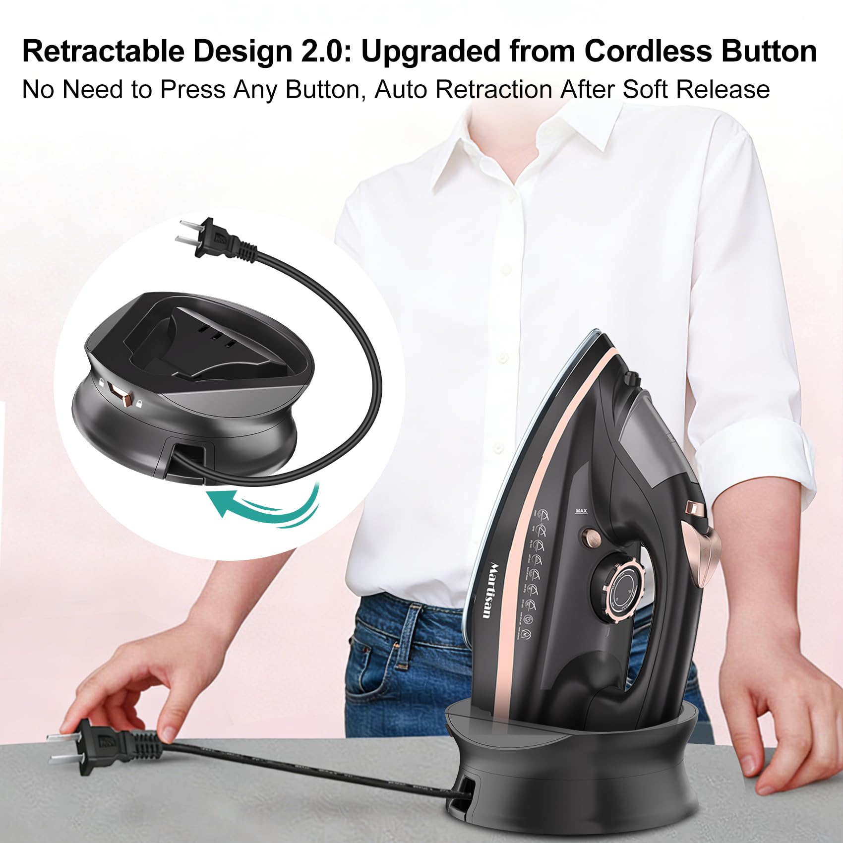 Martisan recharging base quickly restores power for extended ironing.