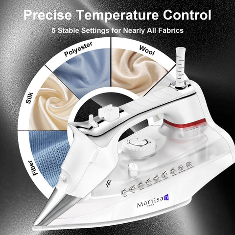 Martisan steam iron five temperature settings tailoring heat for fabrics.