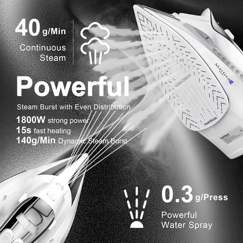 Martisan steam iron DSB burst action delivering powerful steam for tough creases.
