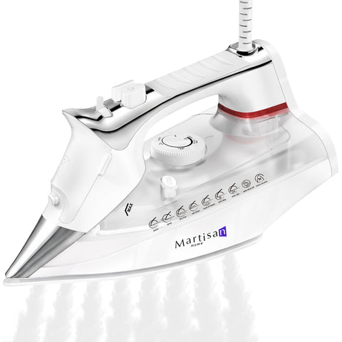 Martisan steam iron front view for quick wrinkle removal on shirts.