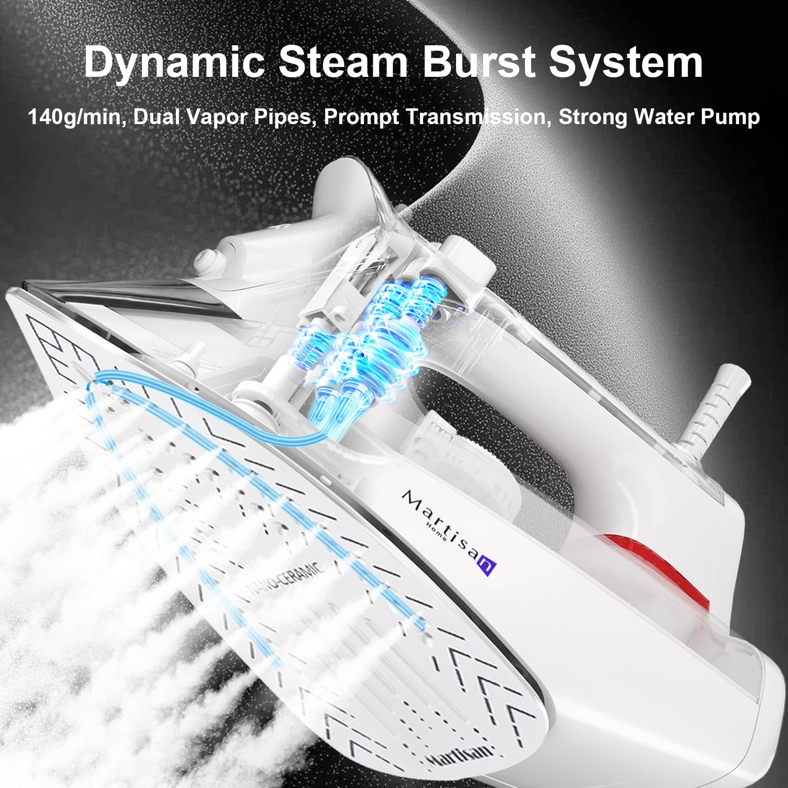 Martisan steam iron nano-ceramic soleplate close-up showing smooth glide.