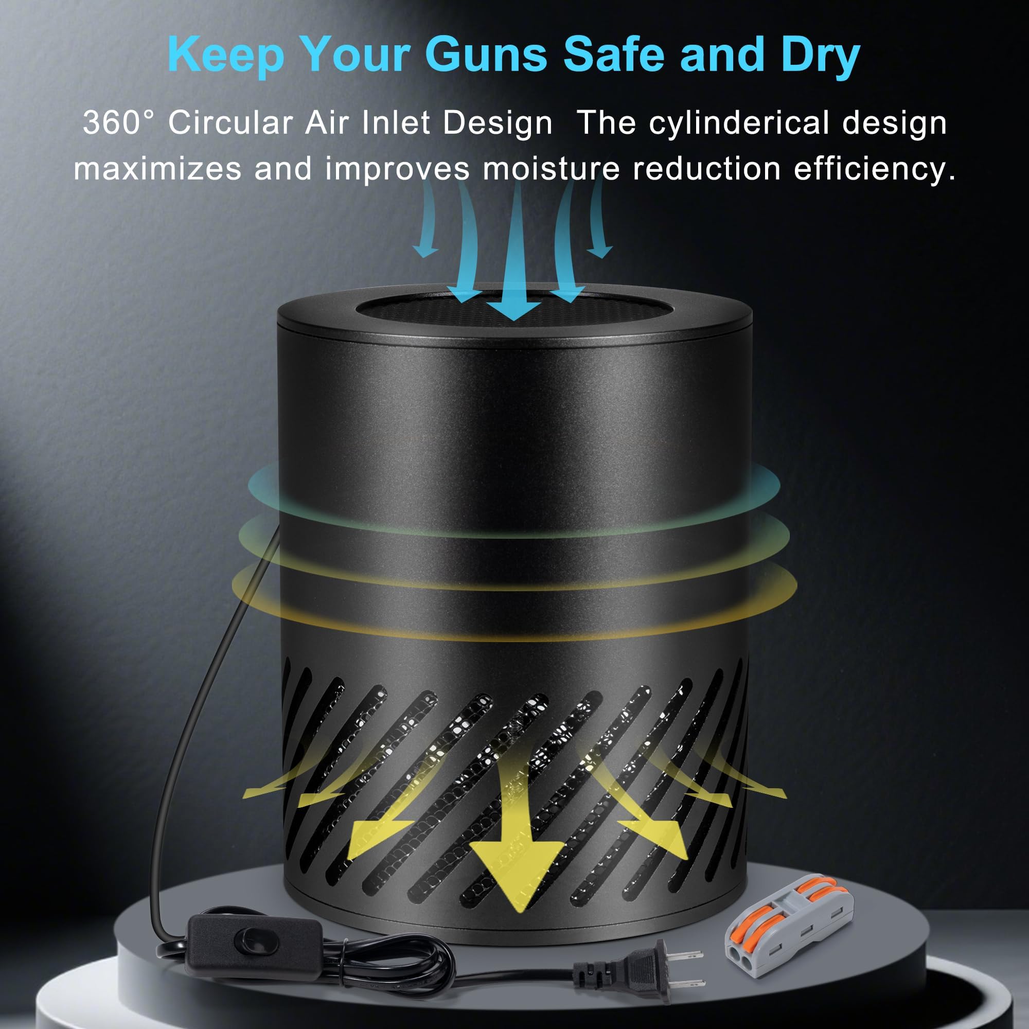 Martronic gun safe dehumidifier through hole installation shows simple cord routing
