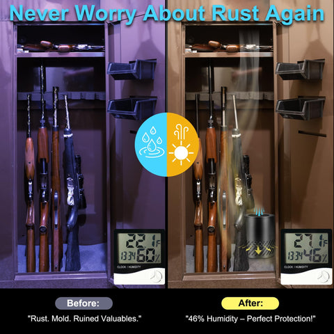 Martronic gun safe dehumidifier installed inside safely demonstrates easy integration
