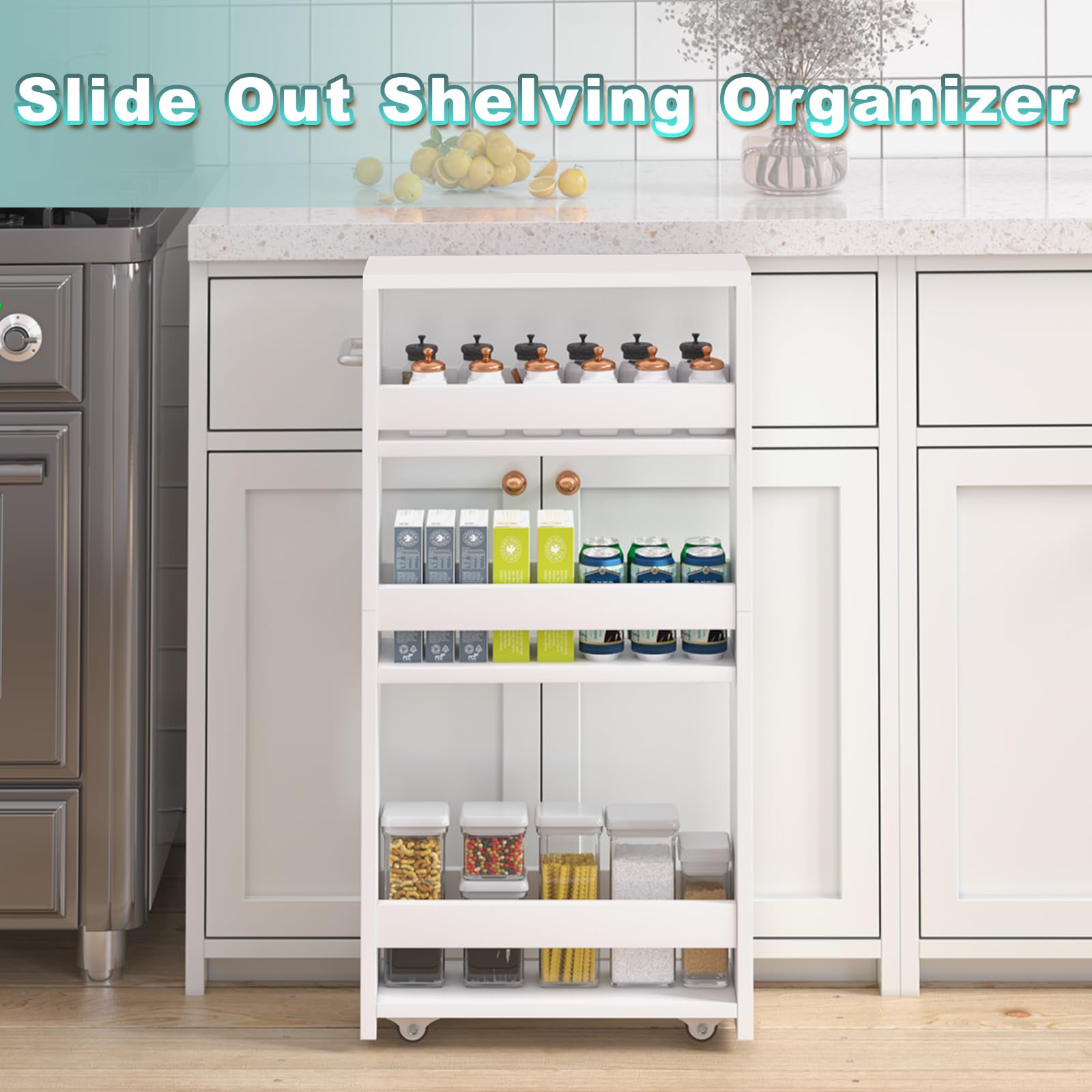 MARTY four-shelf design with protective bars prevents spills.