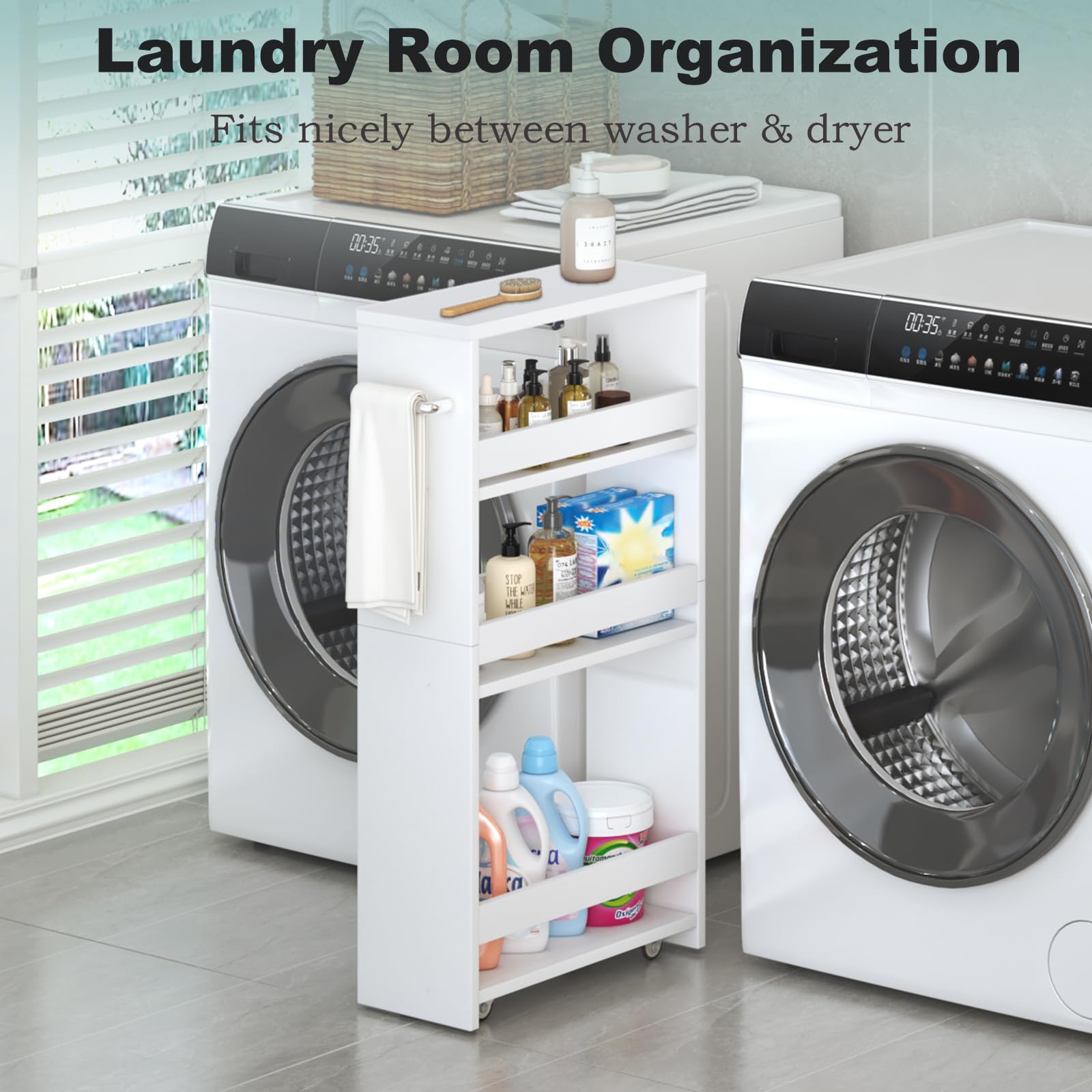 MARTY white finish on slim storage cart in compact kitchen.