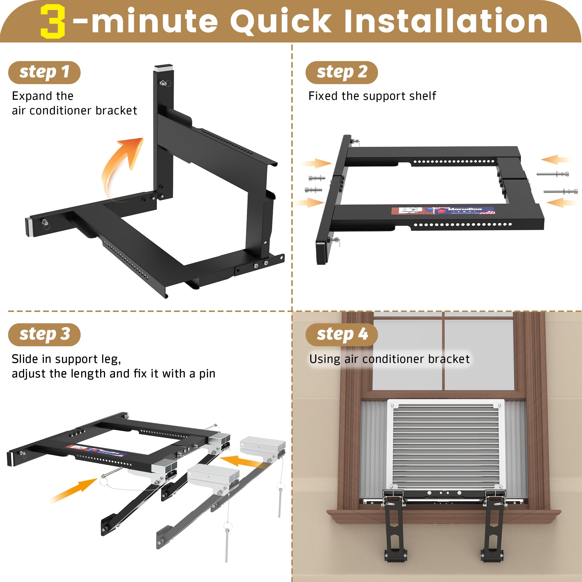 Marudina window-ac-bracket-300-lbs-capacity indicates strong load handling.