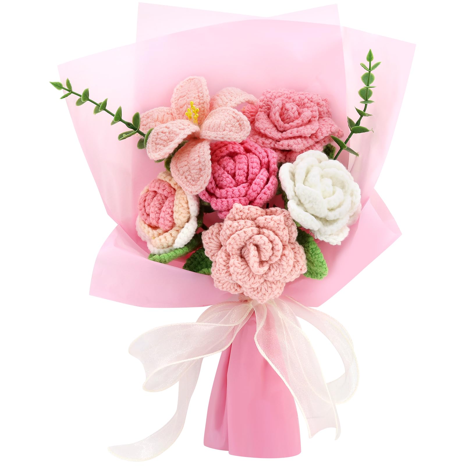 Marvogo crochet sunflowers bouquet in pink, long-lasting decor for shelves.