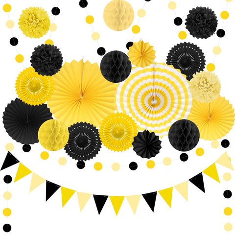 Marwey black-yellow hanging paper fans add bold visual impact to party decor.