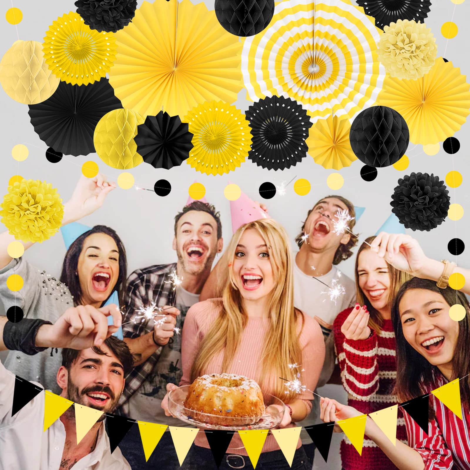 Marwey black-yellow dots garlands frame photo backdrops and spaces.
