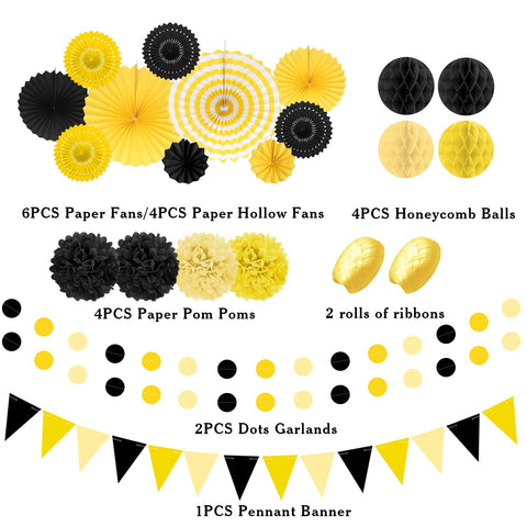 Marwey black-yellow hollow paper fans create layered texture for celebrations.