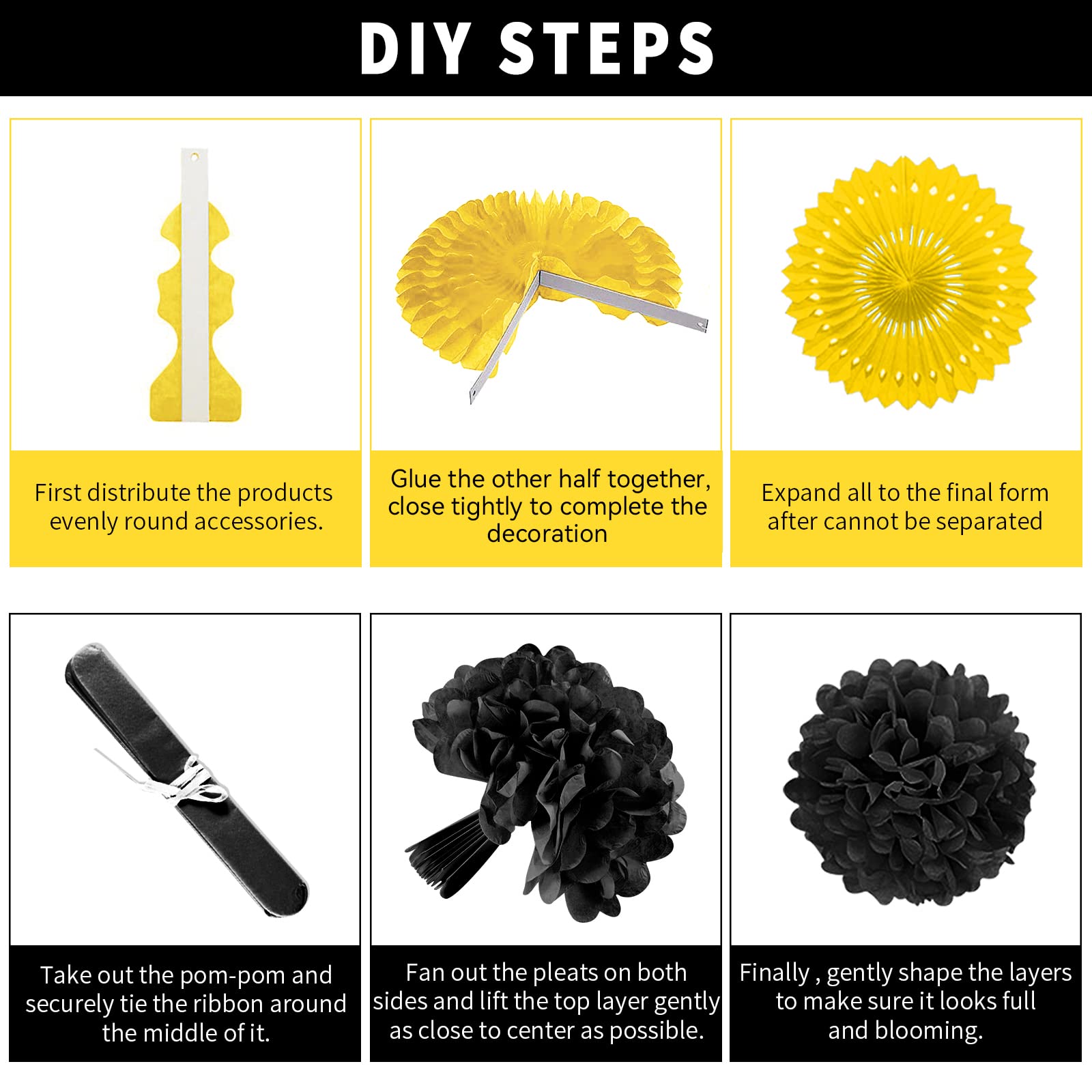 Marwey black-yellow paper pom poms bring festive texture to events.