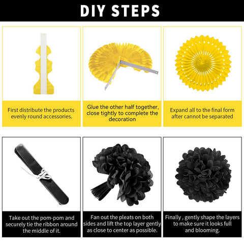 Marwey black-yellow paper pom poms bring festive texture to events.