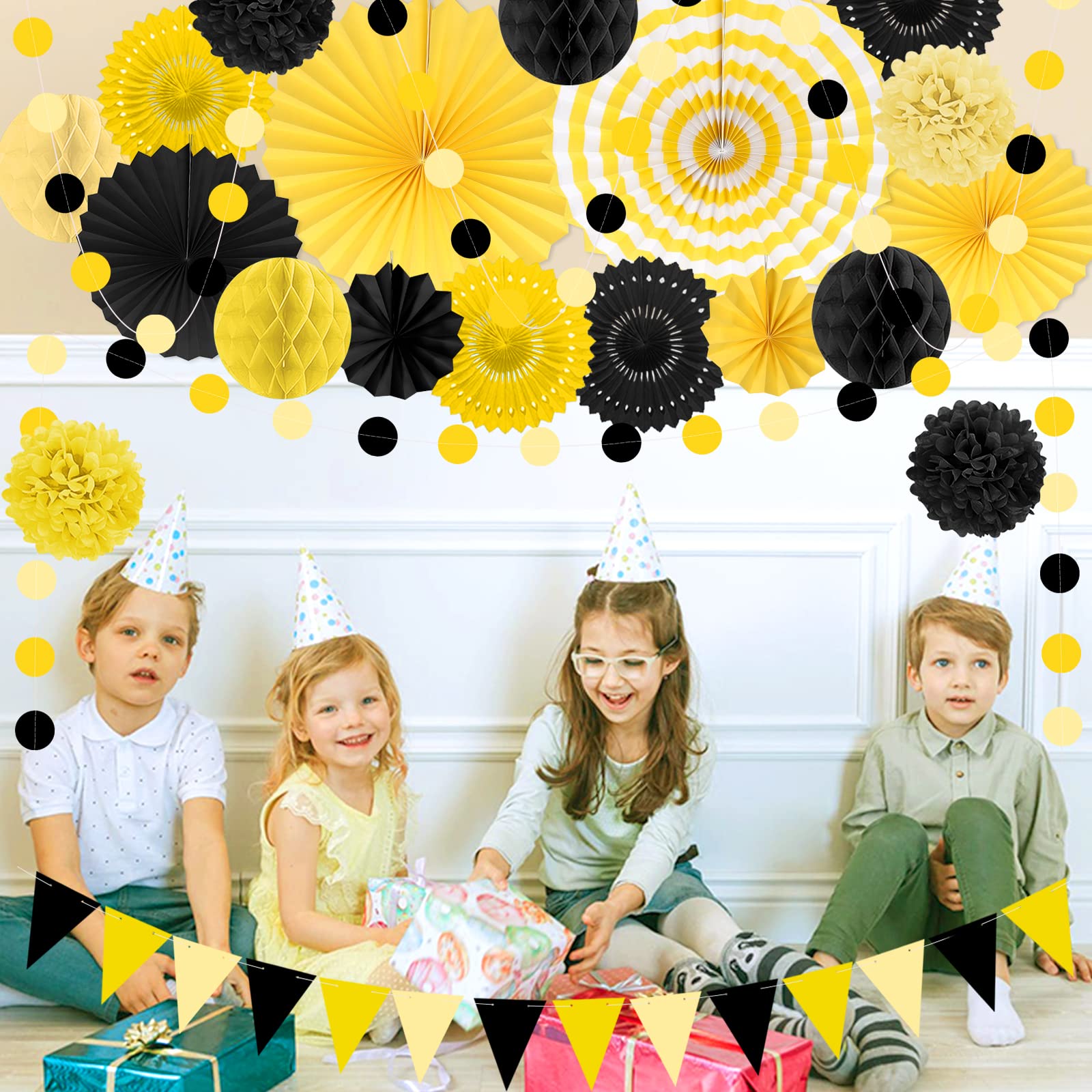 Marwey black-yellow pennant banner complements backdrops for celebrations.