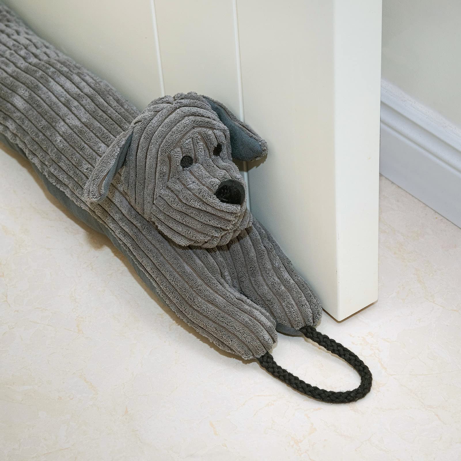 Marwood grey dog draft stopper blocks drafts, keeps rooms warmer.