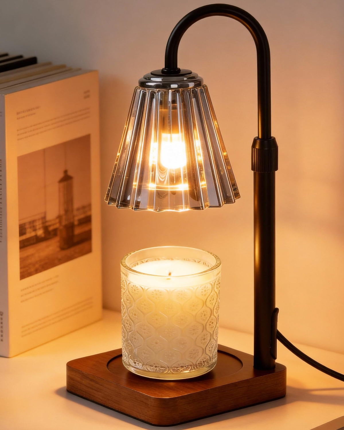 Marycele Black Candle Warmer Lamp front view highlights safe, flameless fragrance diffusion.