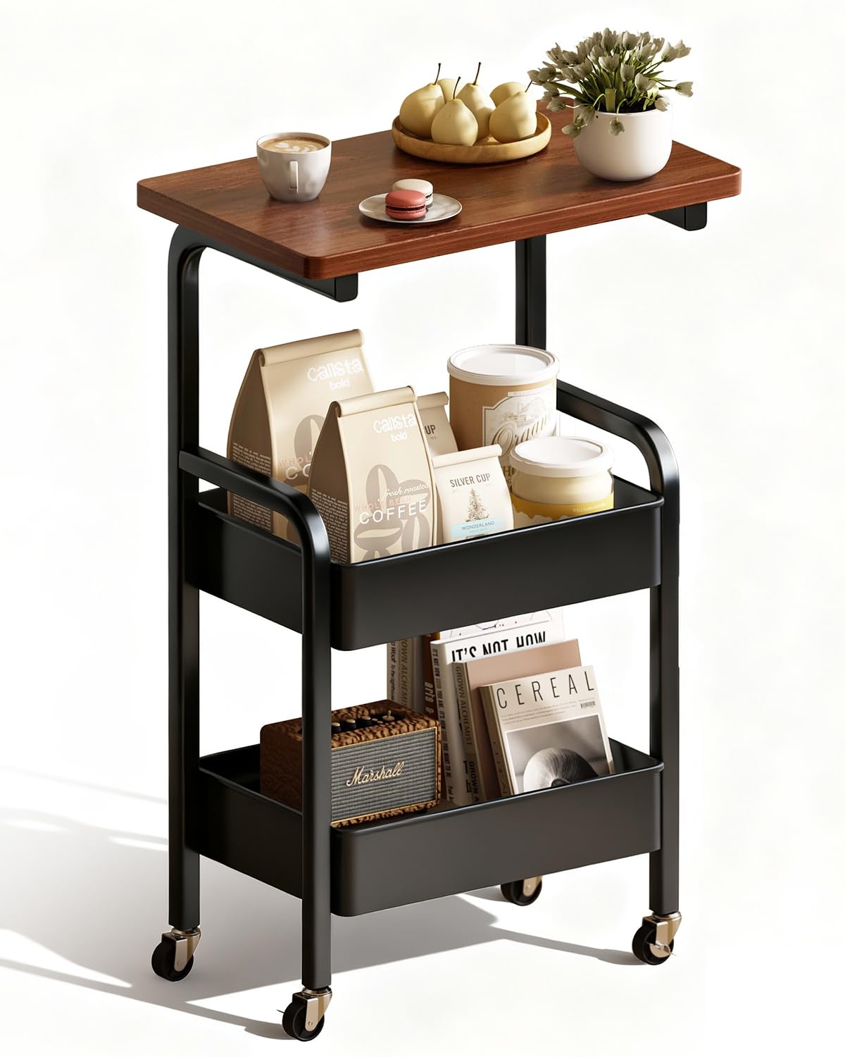 MASHART 3-tier cart with wood top showing sturdy storage for pantry items