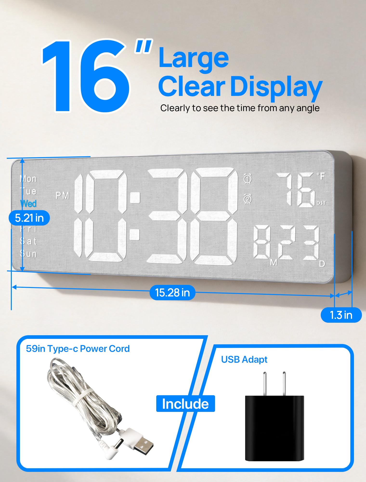 MASHI 16-inch LED display close-up highlighting large digits for easy reading